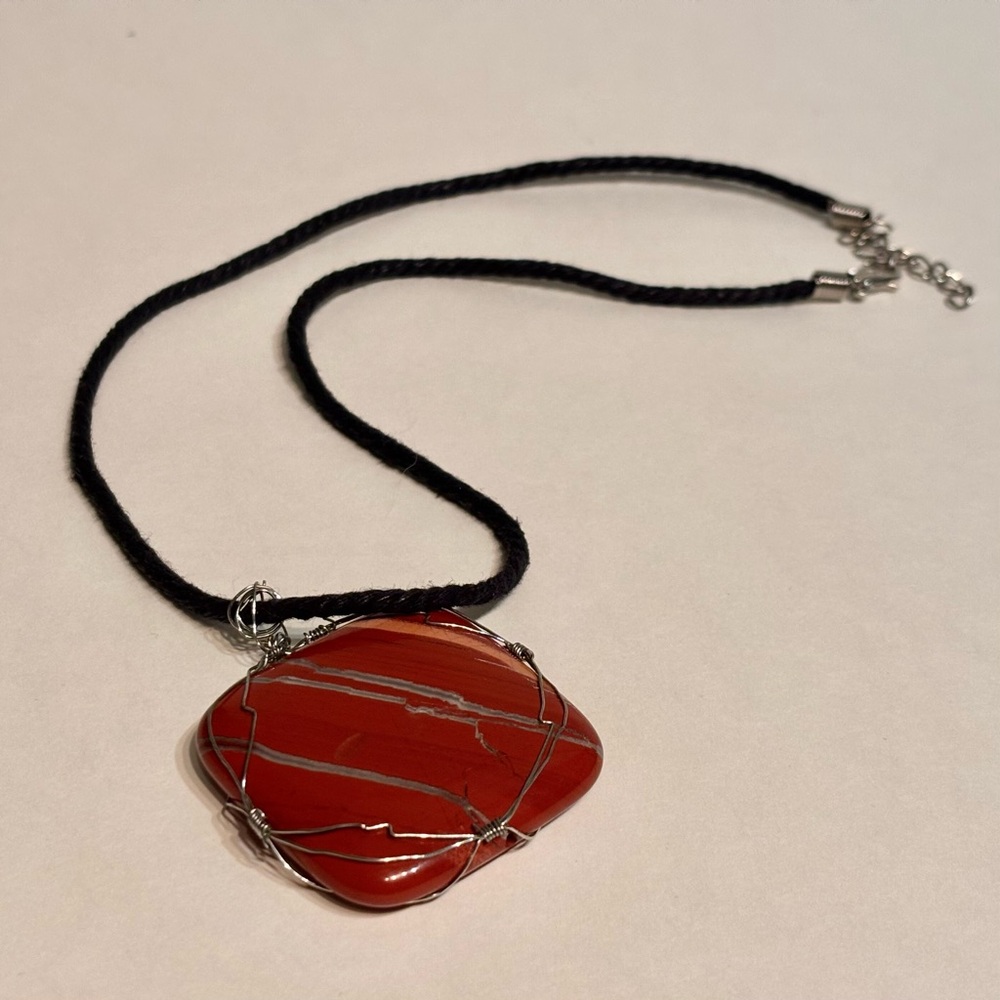 Vintage Red Jasper Gemstone Silver Wire Wrapped Black Cord Pendant Necklace